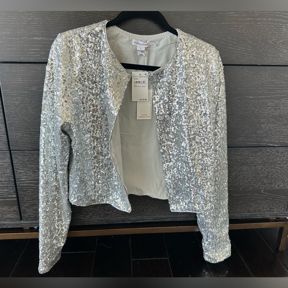 NWT Good American Metallic Silver Cluster Sequin Cropped Cardigan Size Large